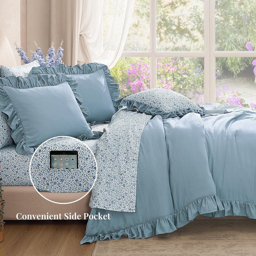 BLOOMHAVEN Oversized King Comforter Set - 7 Pieces Ruffle Blue Bedding Sets, Shabby Chic Farmhouse Bed in a Bag with Ruffle Comforter, Floral Sheets, Pillowcases & Shams