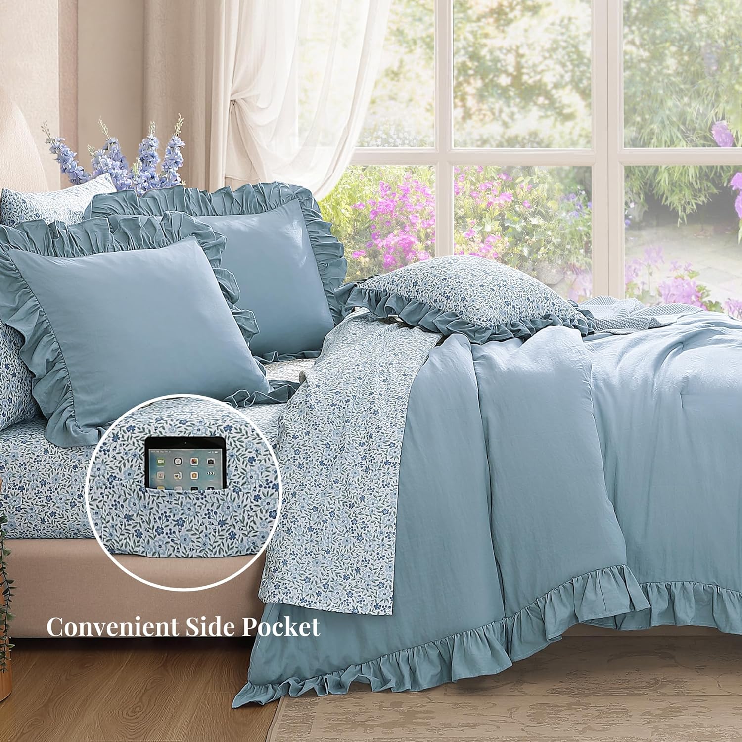 BLOOMHAVEN Oversized King Comforter Set - 7 Pieces Ruffle Blue Bedding Sets, Shabby Chic Farmhouse Bed in a Bag with Ruffle Comforter, Floral Sheets, Pillowcases & Shams