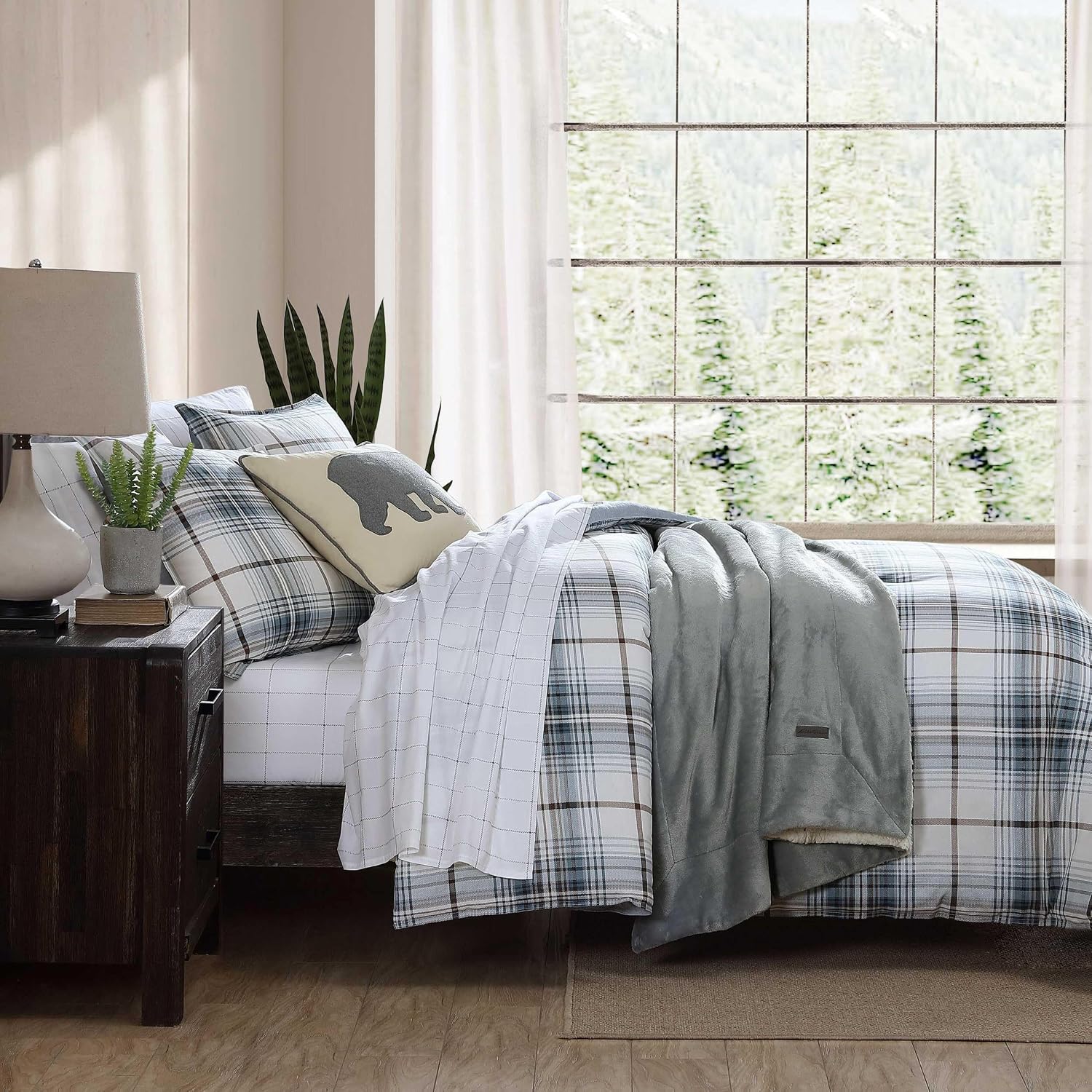 Eddie Bauer - King Comforter Set, Reversible Cotton Bedding with Matching Shams, Plaid Home Decor (Alder Blue/Grey, King)