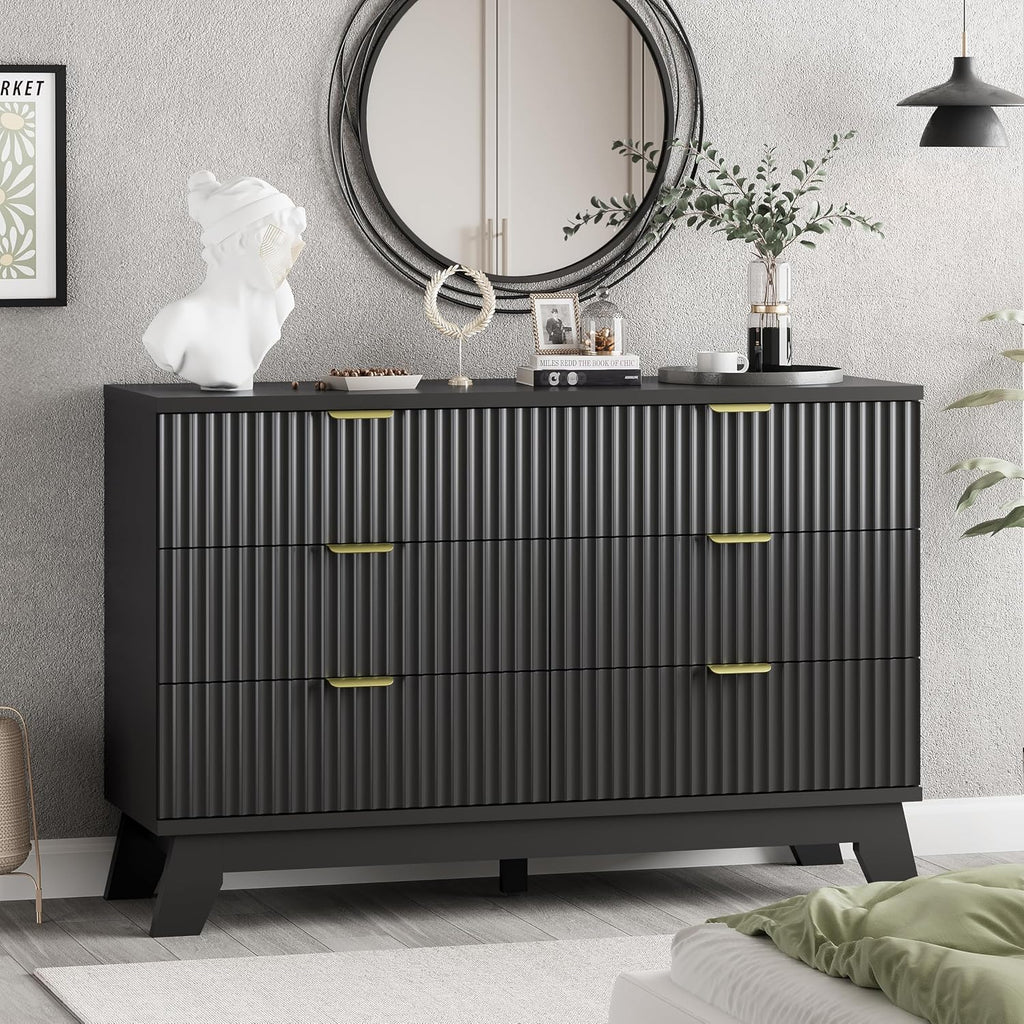 Xixini Fluted Dresser for Bedroom with 6 Drawers, 48' Wide Wooden Chest of Drawers with Metal Handle, Modern Dresser TV Stand, Wood Closet Clothes Storage Organizer for Living Room, Hallway, Black