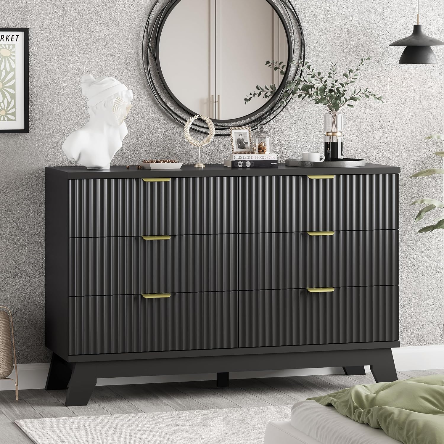 Xixini Fluted Dresser for Bedroom with 6 Drawers, 48' Wide Wooden Chest of Drawers with Metal Handle, Modern Dresser TV Stand, Wood Closet Clothes Storage Organizer for Living Room, Hallway, Black