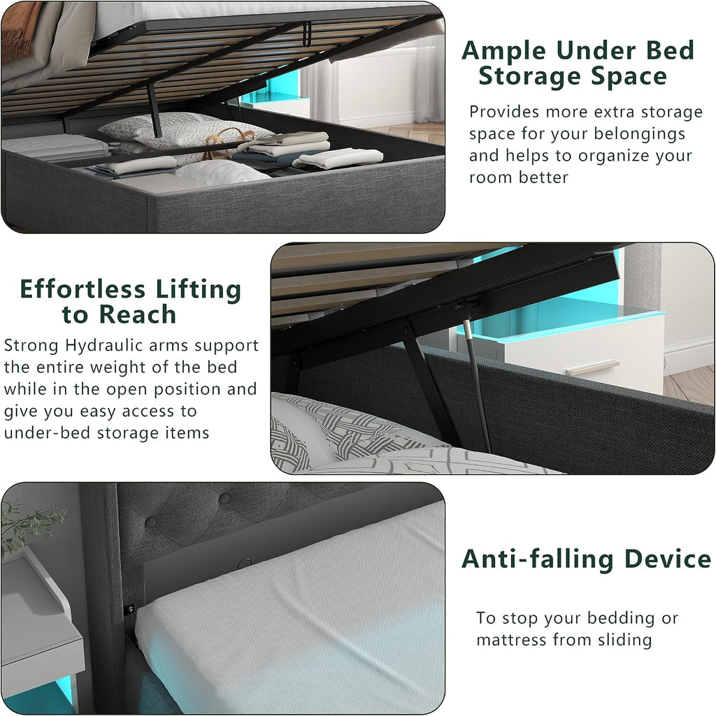 Loomie Full Lift Up Bed Frame with Charging Station & LED Lights, Upholstered Bed with Button Tufted Wingback Storage Headboard, Hydraulic Storage, No Box Spring Needed, Wood Slats Support,Dark Grey