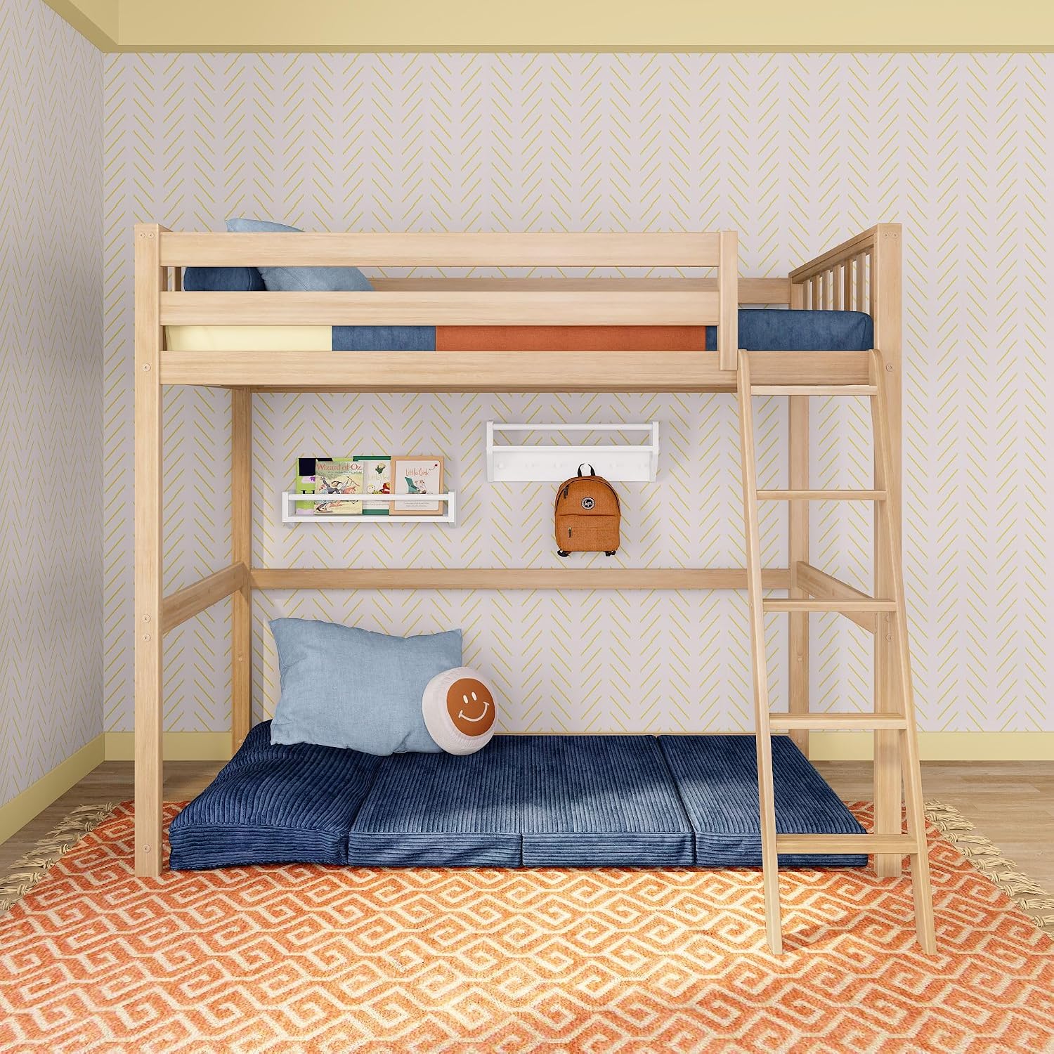 Max & Lily Scandinavian Twin Loft Bed - Modern Solid Wood Kids' High Loft with 14' Guard Rails, Angled Ladder with Anti-Slip setps, 400-lb Capacity, Easy Assembly, Blonde