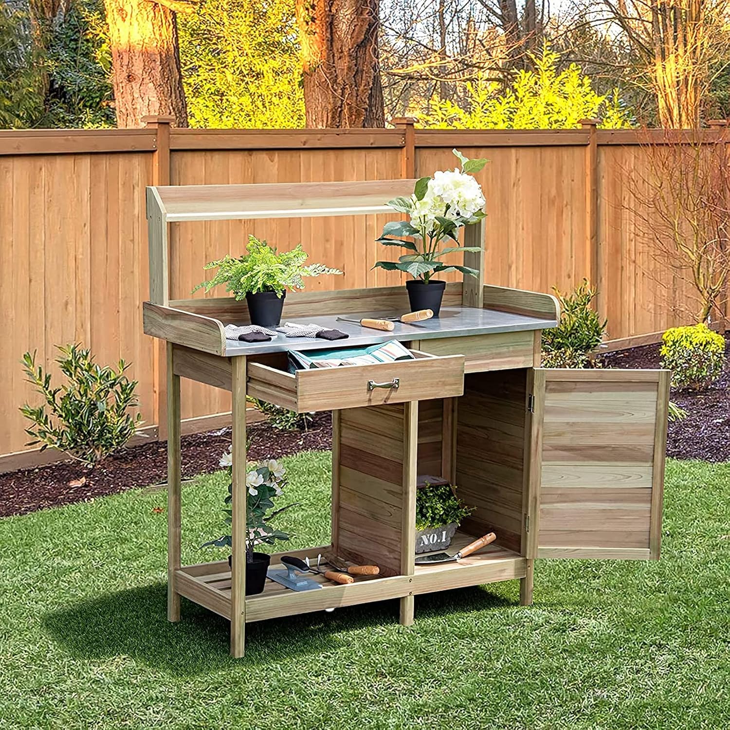 Wooden Garden Potting Bench Tables Work Station with Metal Table Top, Cabinet, Sliding Drawer and Hook,Storage Boacttom Shelf,101.6x41.4x125cm