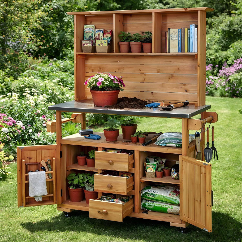 65''H Large Garden Storage Potting Bench with Lockable Wheels, Wood Outdoor Kitchen Island with Stainless Steel top, Drawers, Door Shelves and Hutch (Natural-Wheels)