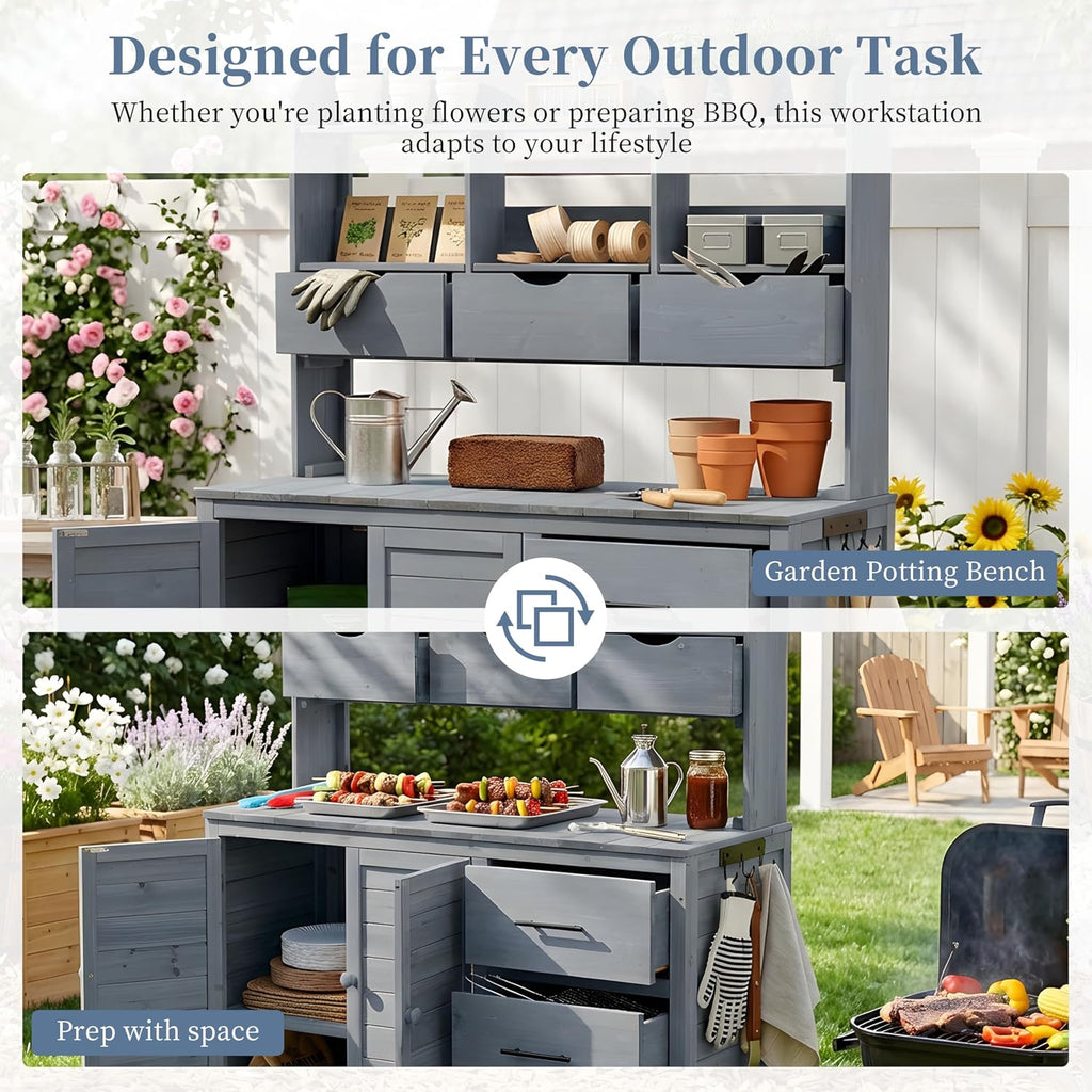 Farmhouse Patio Potting Bench with Storage Cabinet, 65' H Garden Workstation with 6 Drawers and Side Hooks, Outdoor Kitchen Island with Adjustable Shelf for Patio, Backyard, Gray