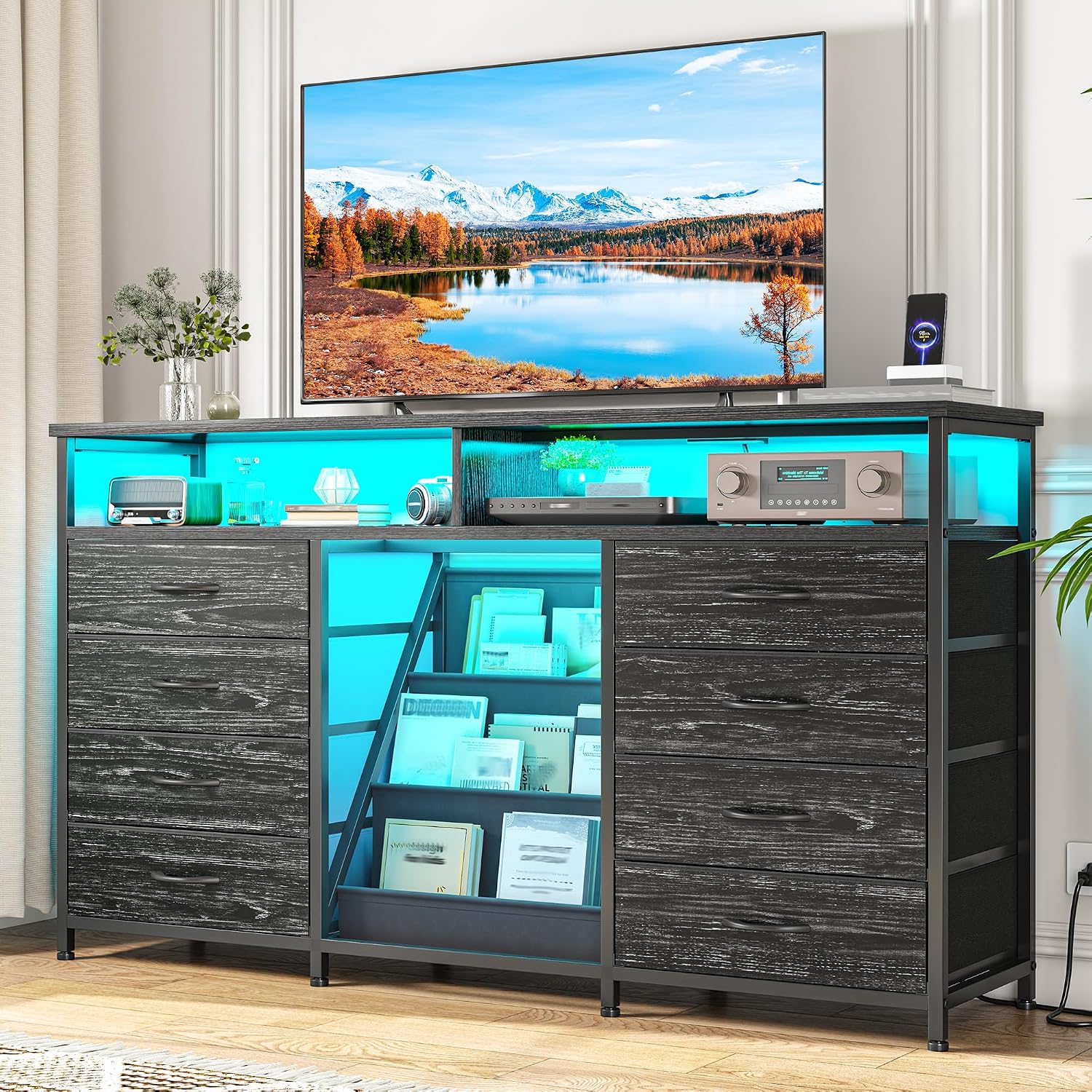 EnHomee 55 ' W Dresser for Bedroom with Bookrack & 8 Fabric Drawers, Dresser TV Stand with Power Outlet & LED Lights for 65 Inch TV, Chest of Drawers for Cabinet, Entryway, Charcoal Black