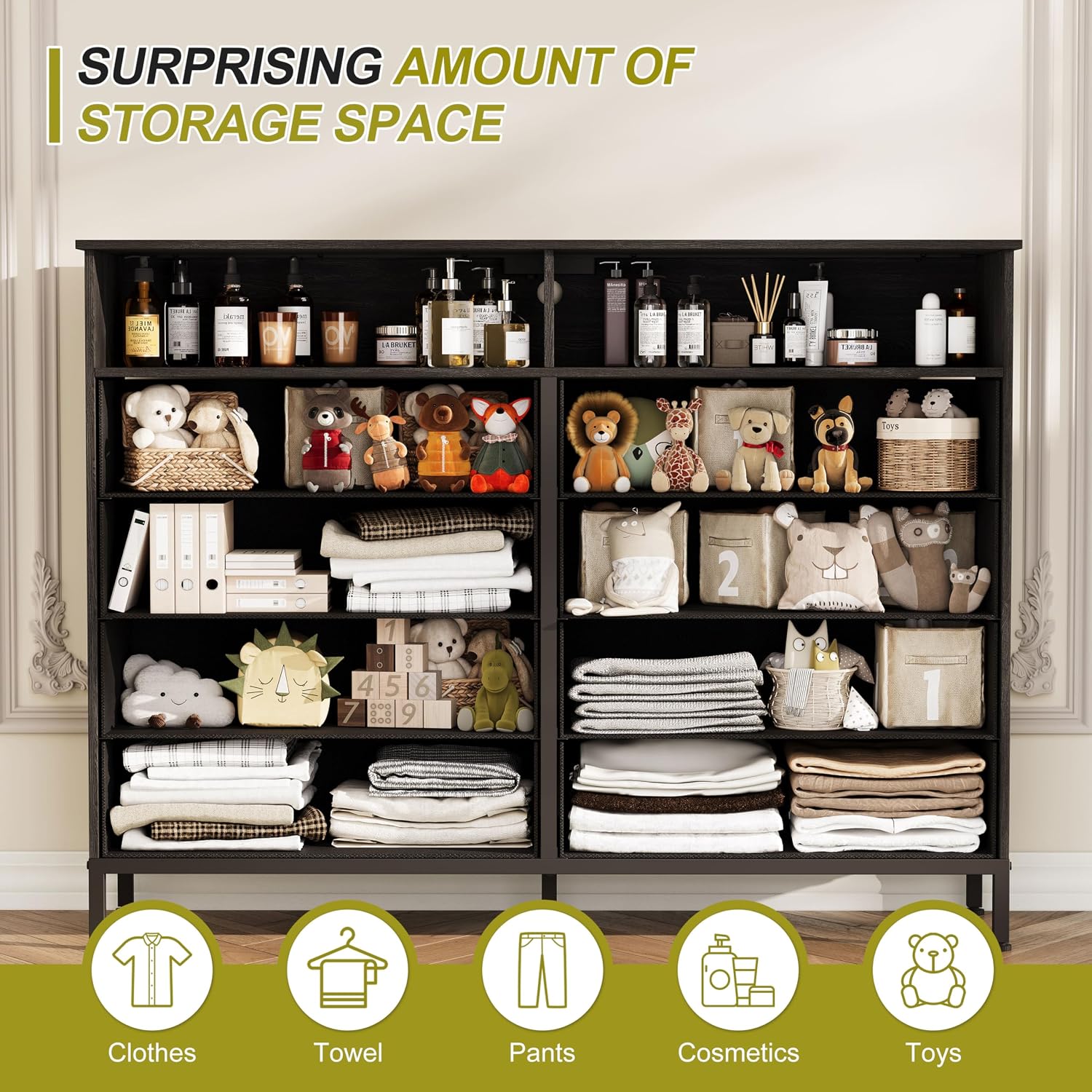 Dresser for Bedroom Grey Bedroom Dresser with LED Lights and Charging Station, 8 Long Fabric Drawers Dressers, Vertical Chest of Drawers Storage Organizer TV Stand for up to 60' TV for Living Room