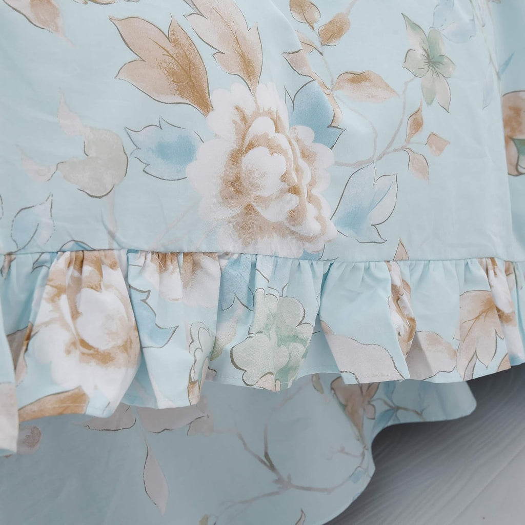FADFAY Farmhouse Floral Bedding Shabby Blue Bird Print French Countryside Chic Bedding Set Luxury Bedskirt Collections 800 Thread Count 100% Egyptian Cotton, 4 Piece-Twin Size