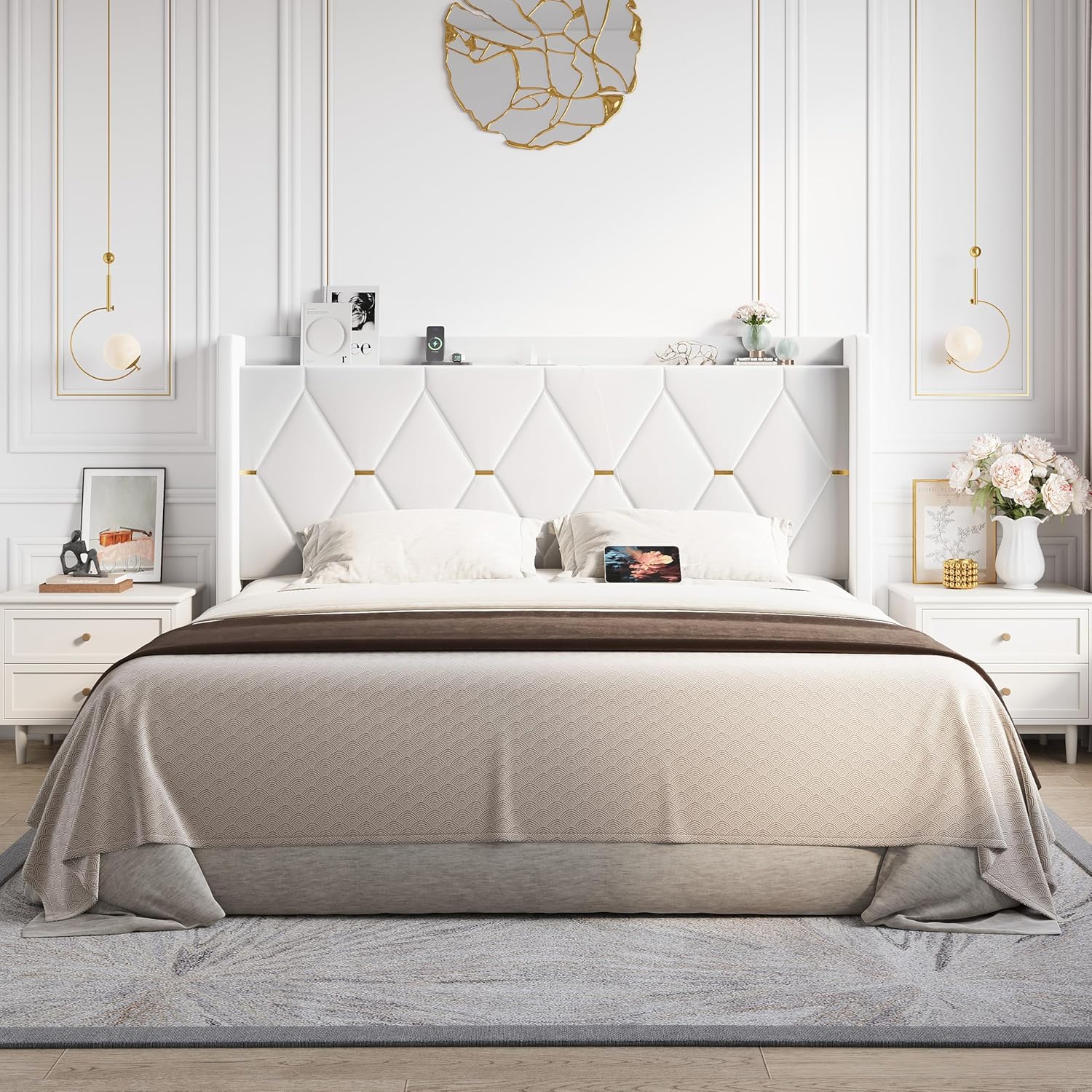 Allewie Velvet King Size Upholstered Bed Frame with Wingback Storage Headboard & Charging Station, Platform Bed with Diamond Tufted Design & Gold Trim, No Box Spring Needed, Easy Assembly, White