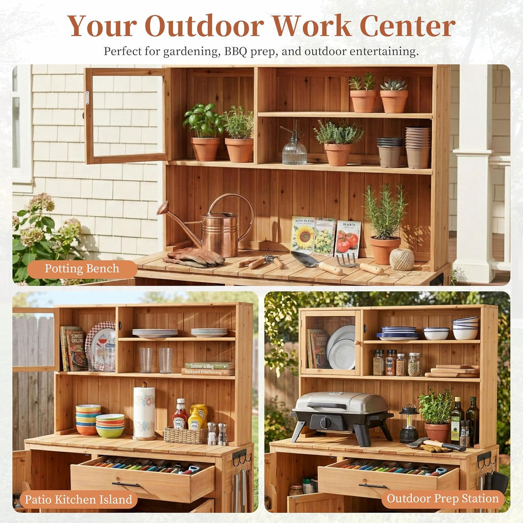 Outdoor Potting Bench Table with Hutch,65' H Solid Fir Wood Garden Workstation, Patio Storage Workstation with Adjustable Shelves, Spice Rack, Side Hook and Drawer, for Mudroom, Doorway (Natural)