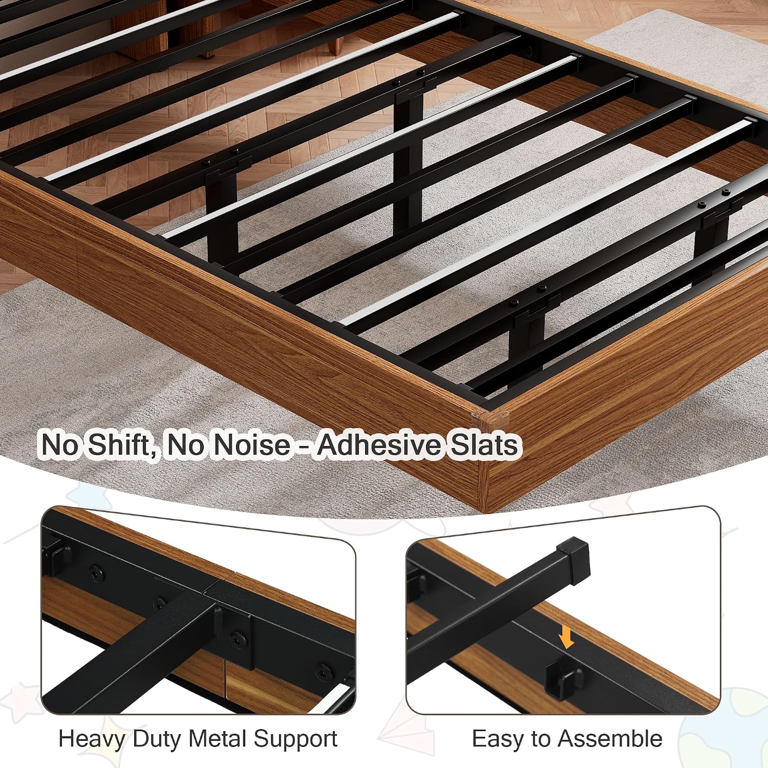 Einhomn Twin Bed Frame with Storage Headboard & LED Lights – Wood Floating Bed Frame with Charging Station, Non-Slip Slat, Kick-Free & Noise-Free Design, Easy Assembly, Walnut