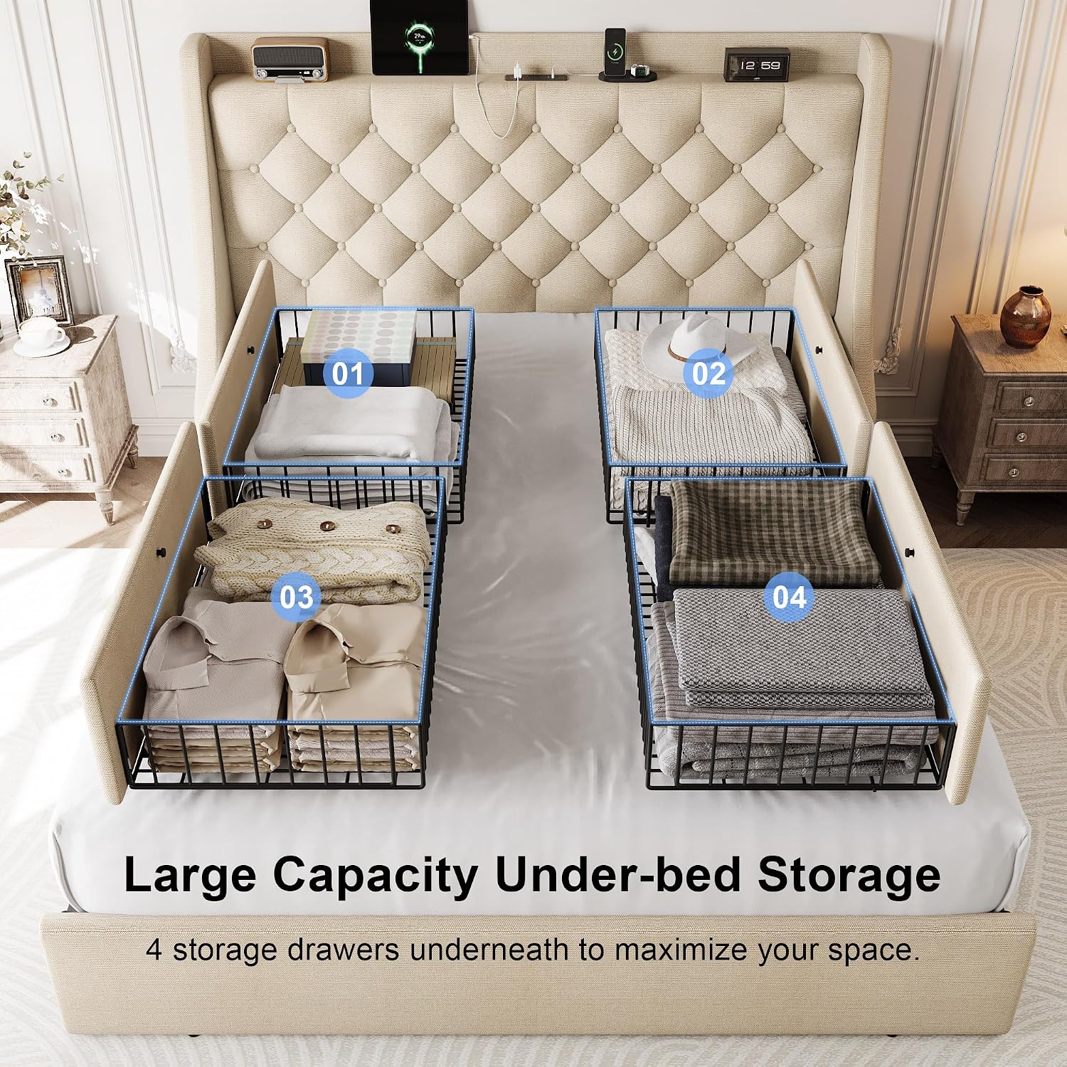 Full Size Upholstered Platform Bed Frame with 4 Storage Drawers and Charging Station, Linen Button Tufted Wingback Headboard, Sturdy Wooden Support Slats, No Box Spring Needed, Beige