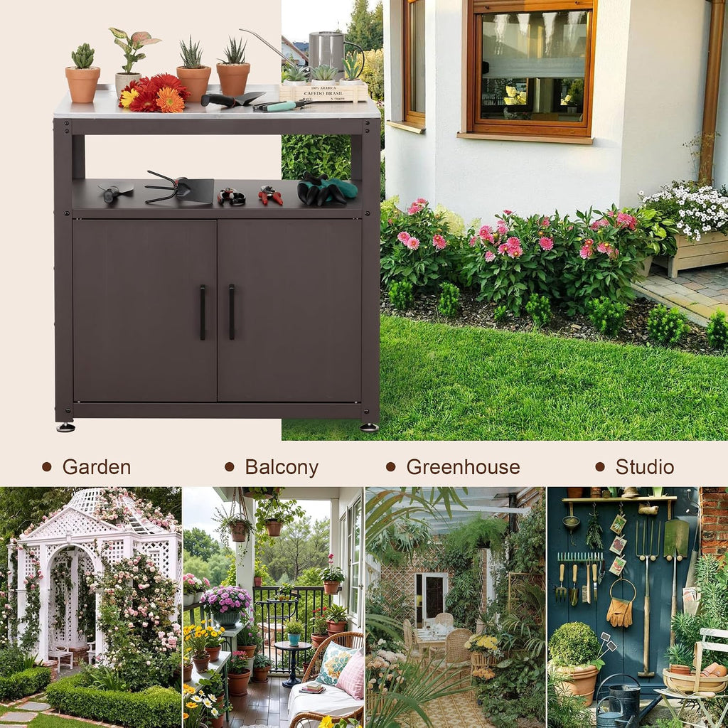 Feasto Heavy-Duty Potting Bench with Storage & Stainless Steel Top | Outdoor Garden Work Table with 200lb Capacity, Adjustable Shelf & Feet, Brown