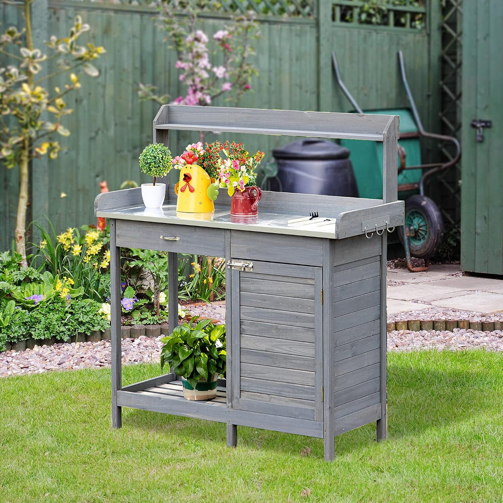 Outdoor Potting Bench Table, Work Station with Storage Cabinet, Open Shelf and Steel Tabletop, Gray