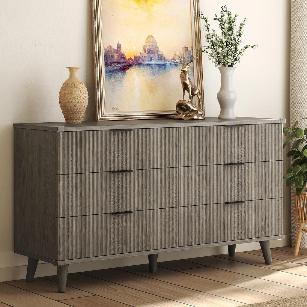Lulive Wood Dresser for Bedroom with 6 Drawers, 53.2' Long Fluted Modern Chest of Drawers Storage Organizer, Dressers TV Stand for Living Room, Closet, Hallway (Dark Grey Oak)