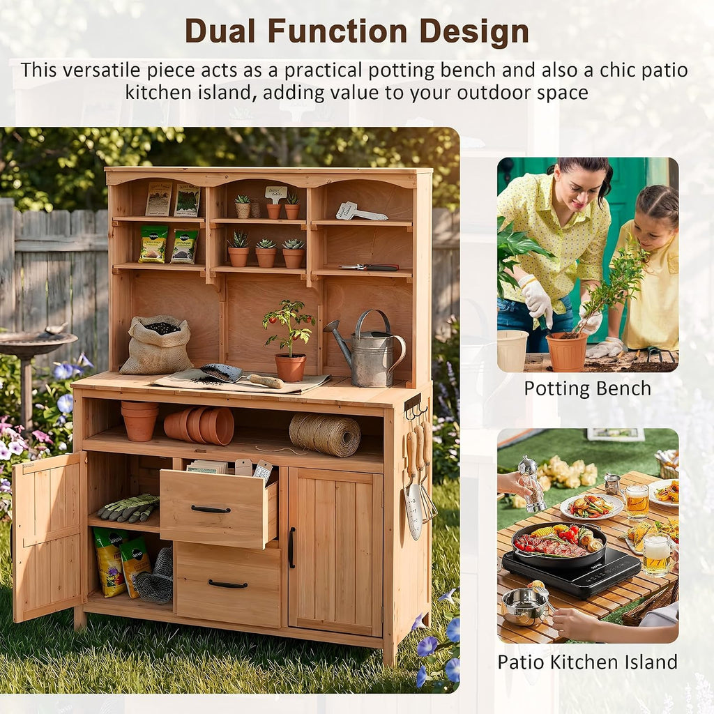 Polibi Large Fir Wood Potting Bench 45.3' Outdoor Patio Kitchen Island with Hutch, Cabinets, Drawers & Hooks, Multi-Functional Gardening Workbench for Grill, Natural Wood
