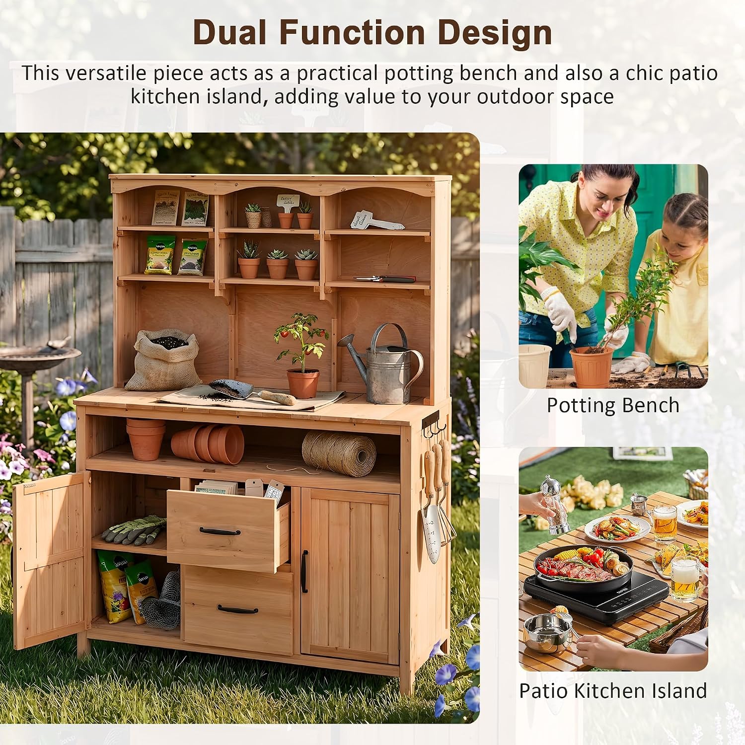 65' H Garden Potting Bench with Storage Drawers and 3 Cabinet, Multi-Functional Outdoor Patio Kitchen Island with Hutch and Hooks, Large Countertop for Gardening, Grill, Natural Wood