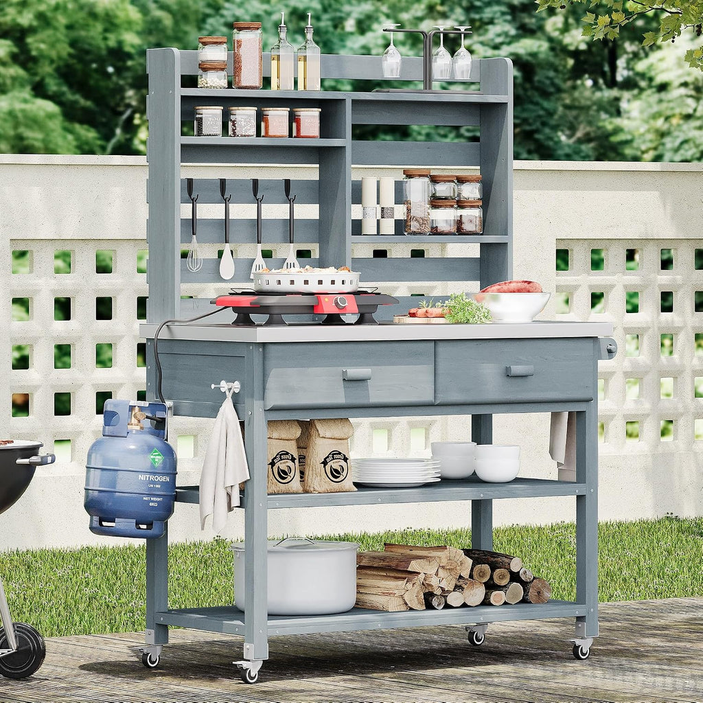 64.9'H Outdoor Potting Bench with Upper Hutch, Solid Fir Wood Garden Work Table with Stainless Steel Top, 2 Drawers, Adjustable Shelves, Towel Rack, Lockable Wheels for Grilling Lawn Patio, Grey Blue