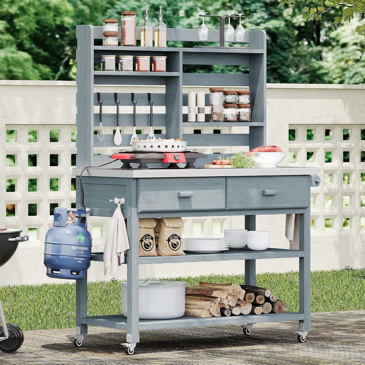 64.9'H Outdoor Potting Bench with Upper Hutch, Solid Fir Wood Garden Work Table with Stainless Steel Top, 2 Drawers, Adjustable Shelves, Towel Rack, Lockable Wheels for Grilling Lawn Patio, Grey Blue
