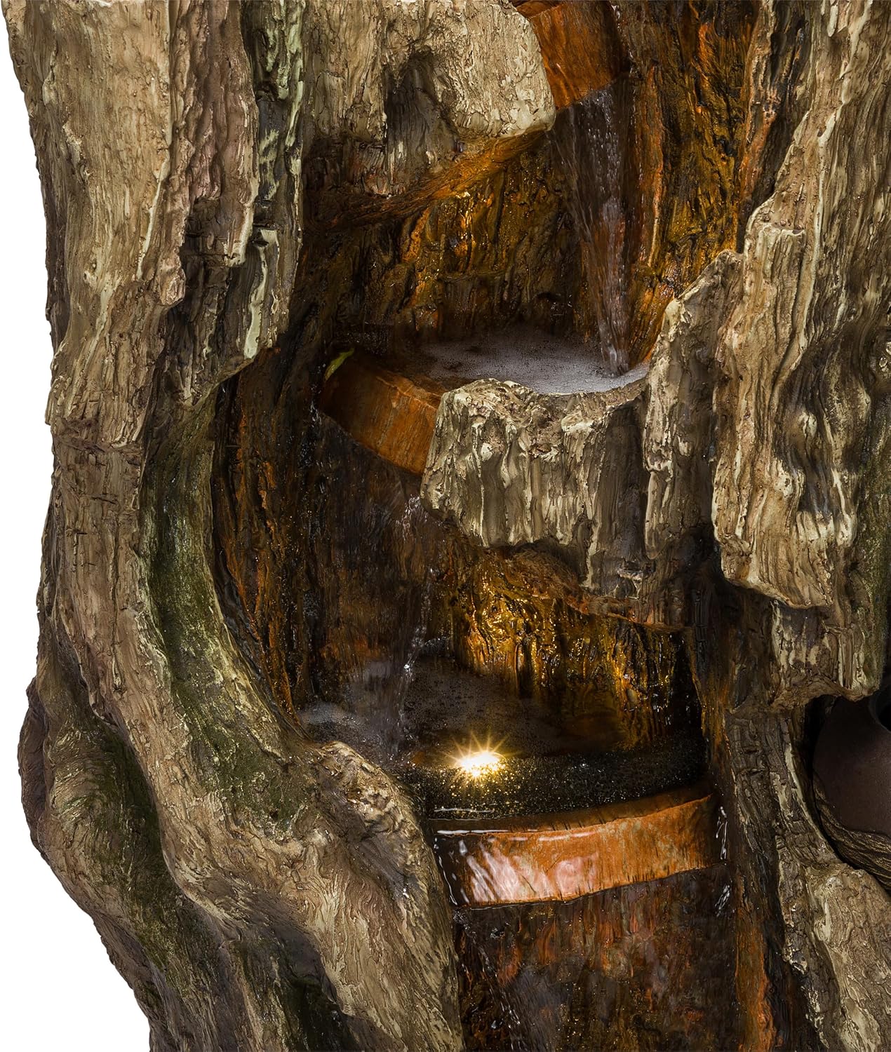 Alpine Corporation WIN1530 Indoor/Outdoor Floor Waterfall, Tree Trunk Fountain w/LED Lights & 2 Flower Pots, 52', Brown