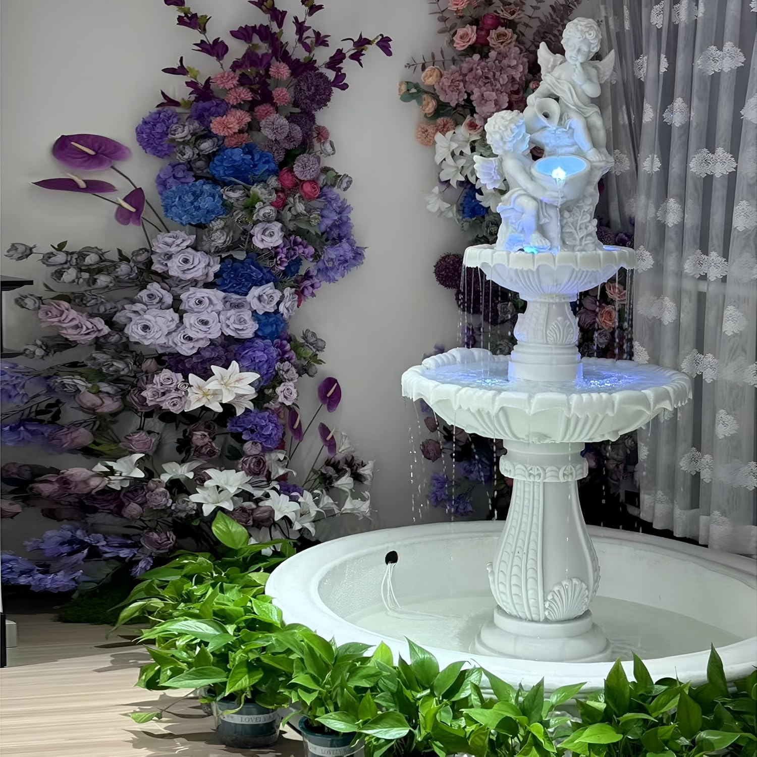 Large Outdoor Electric Water Fountain with Angel Top, 4-Tier Crystal Garden Fountain with LED Lights, Natural Crystals & Free Protective Cover for Lawn, Patio & Villa Décor (no pond, 120*120*160 CM)