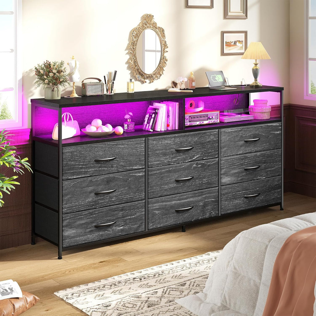 Romorgniz 55' W Dresser for Bedroom with 9 Drawers LED TV Stand with Power Outlets for 45, 55, 65 Inch TV Sturdy Long Chest of Drawers with Extra 2 Wooden Shelves Steel Frame Grain Black