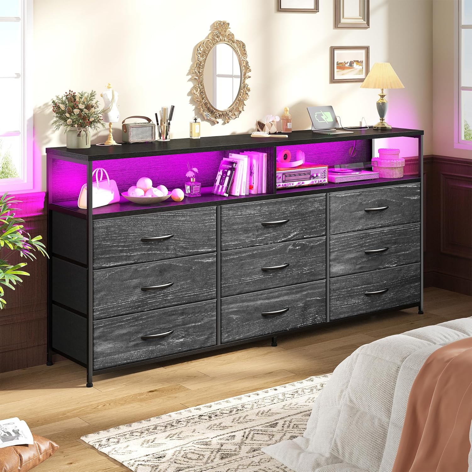Romorgniz 55' W Dresser for Bedroom with 9 Drawers LED TV Stand with Power Outlets for 45, 55, 65 Inch TV Sturdy Long Chest of Drawers with Extra 2 Wooden Shelves Steel Frame Grain Black