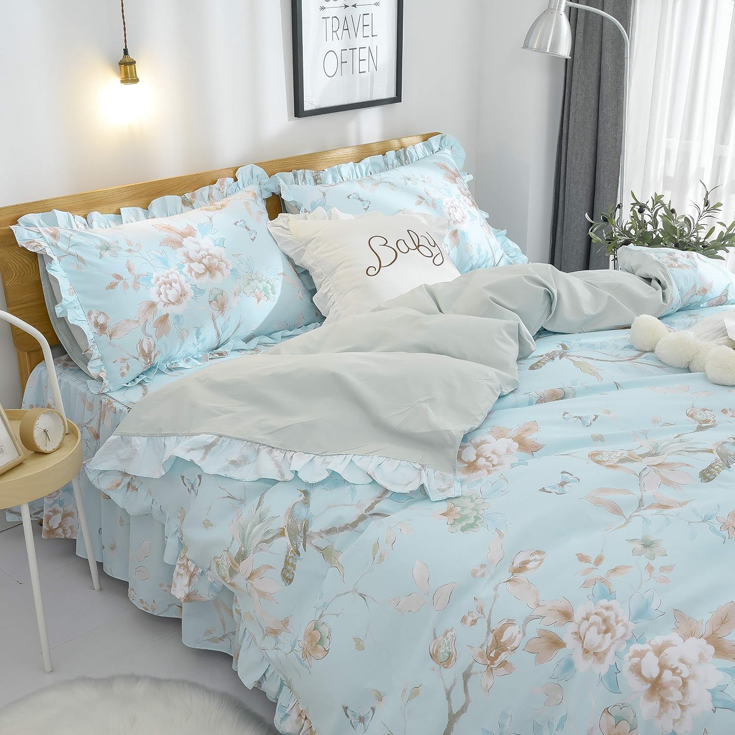 FADFAY Farmhouse Floral Bedding Shabby Blue Bird Print French Countryside Chic Bedding Set Luxury Bedskirt Collections 800 Thread Count 100% Egyptian Cotton, 4 Piece-Twin Size