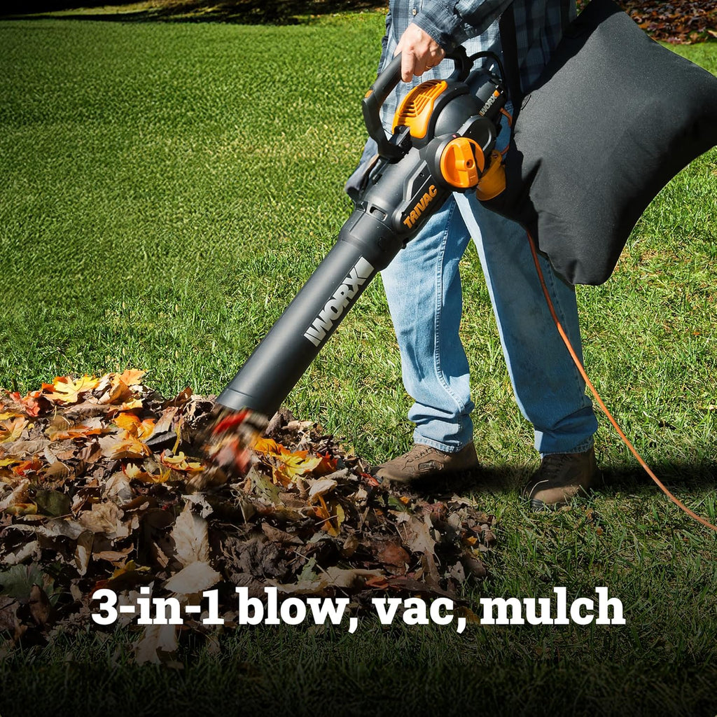 WORX Trivac 3 in 1 Electric Leaf Blower for Lawn Care, Leaf Vacuum with 600 CFM, Leaf Mulcher with Metal Impeller, WG512