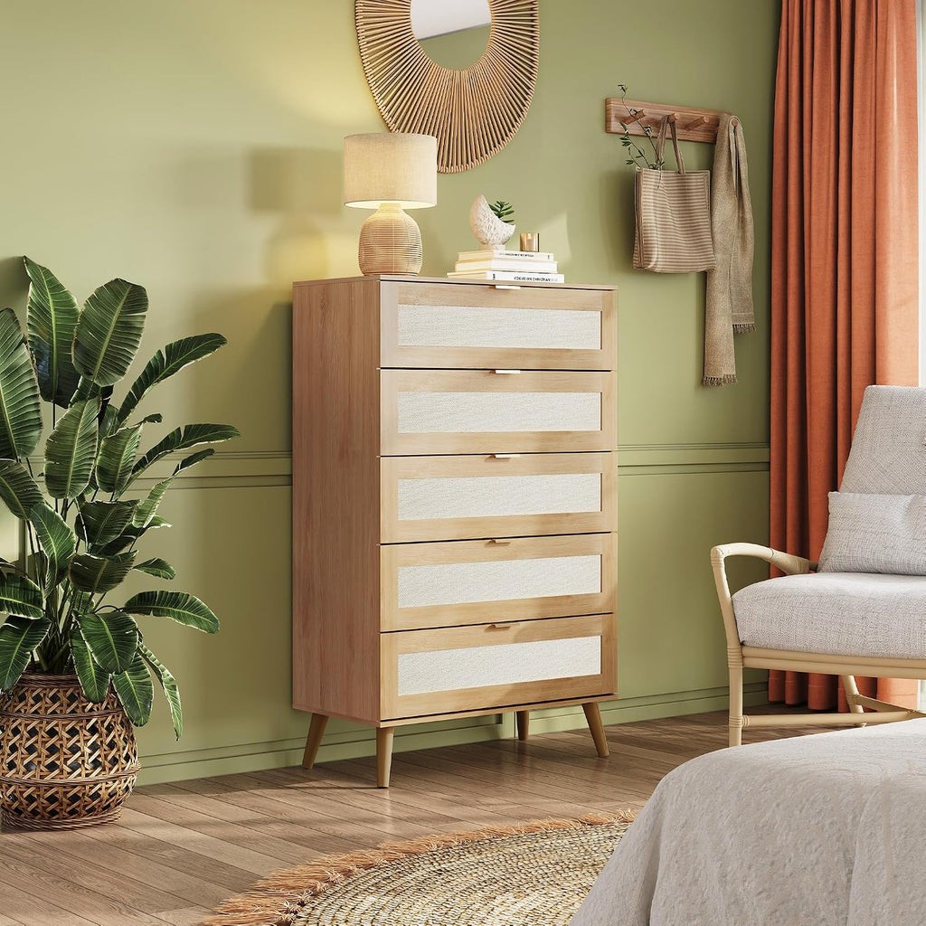 WLIVE Rattan Dresser for Bedroom, 50' Tall 5 Drawer Wooden Chest of Drawers, Boho Dresser Closet Storage Organizer for Living Room, Hallway, Light Oak