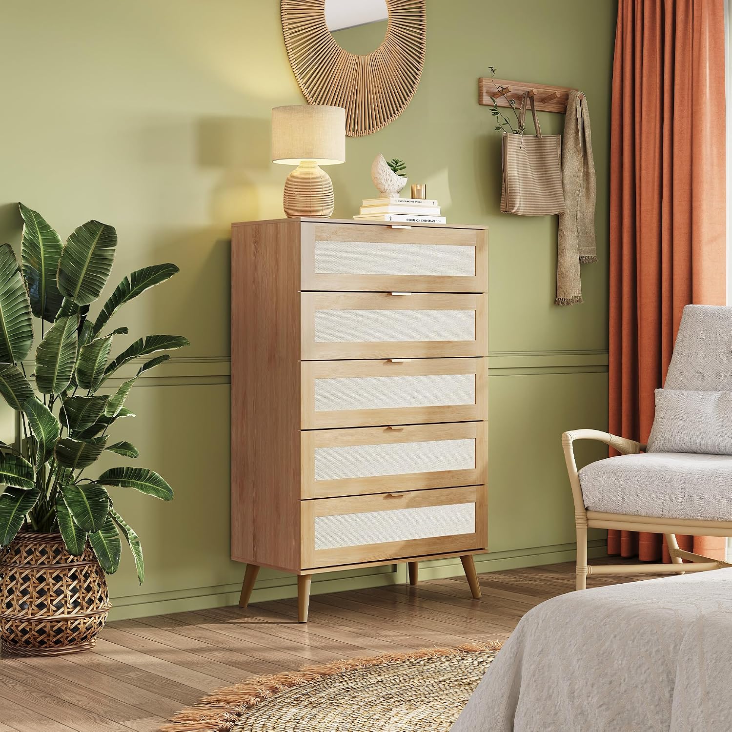 WLIVE Rattan Dresser for Bedroom, 50' Tall 5 Drawer Wooden Chest of Drawers, Boho Dresser Closet Storage Organizer for Living Room, Hallway, Light Oak