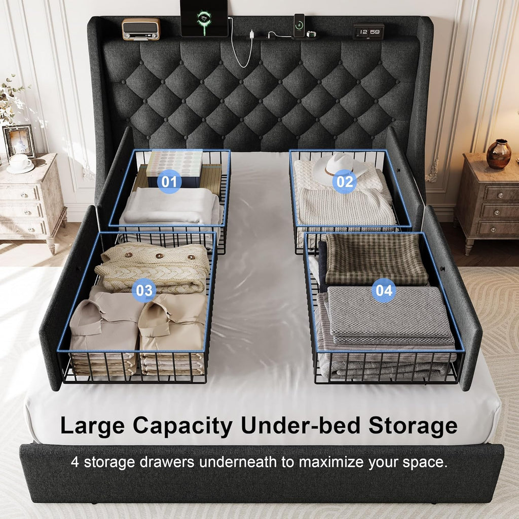 Full Size Bed Frame with 4 Storage Drawers & Charging Station, Linen Button Tufted Wingback Headboard Upholstered Platform Bed, Sturdy Wooden Support Slats, No Box Spring Needed, Dark Grey