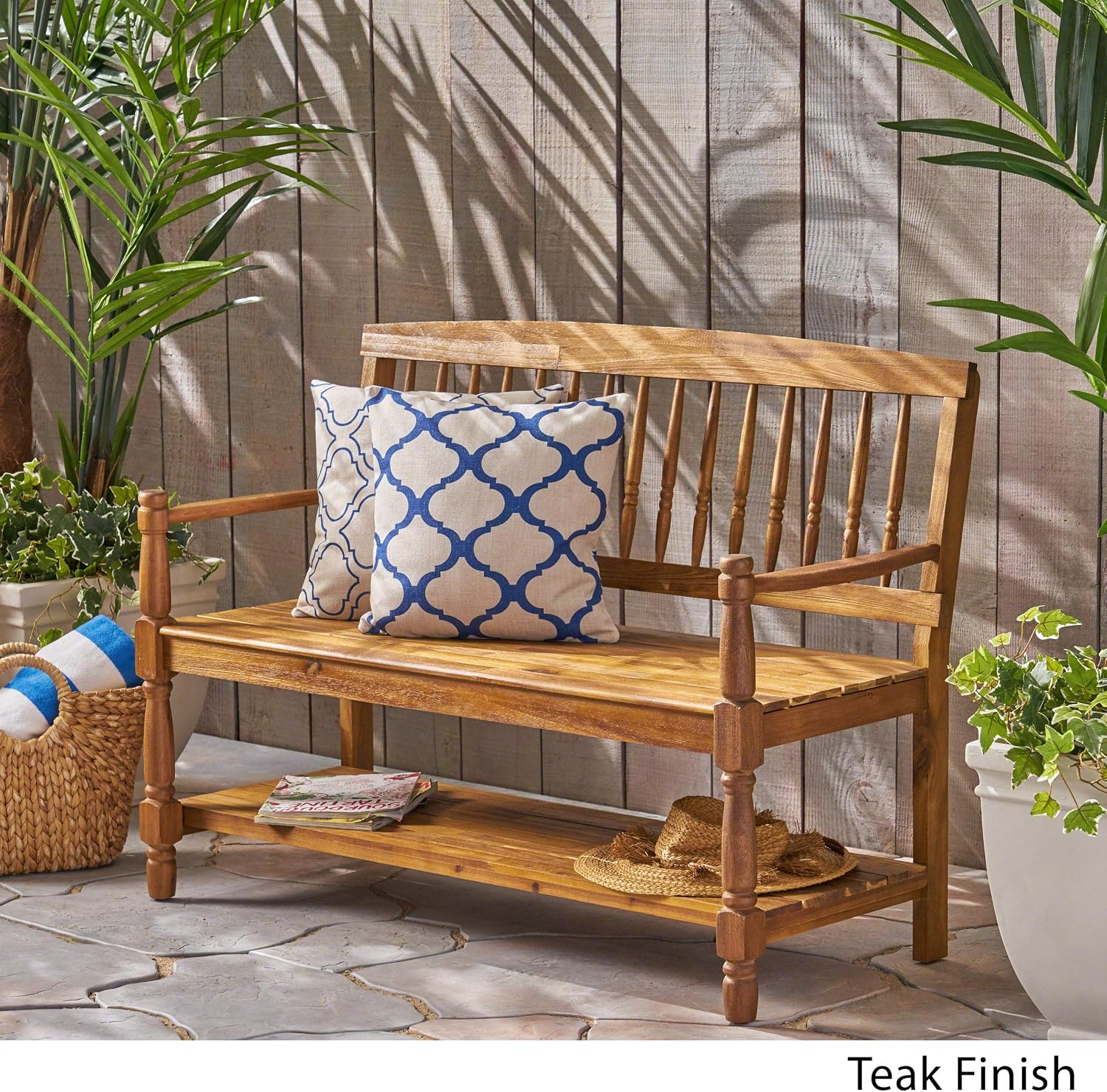 Great Deal Furniture Christopher Knight Home Cody Outdoor Acacia Wood Bench with Shelf, Teak Finish