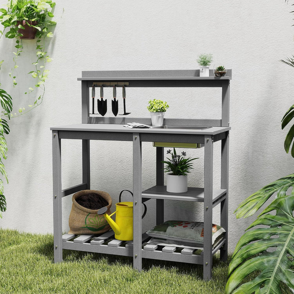 NAVINE Potting Bench, Outdoor Potting Bench with Sink, Hooks, HDPE All Weather Potting Table, Suitable for Patio, Porch, Garden, Yard, Grey