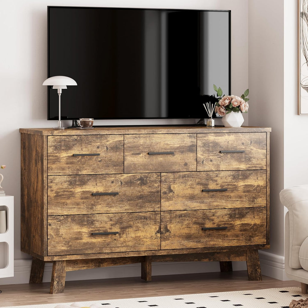 Xixini Dresser for Bedroom with 7 Drawer, Wood Modern Chest of Drawers with X-Shaped Sturdy Base, Wide Double Dresser Closet Clothes Storage Organizer, Wooden TV Stand for Living Room, Hallway, Brown