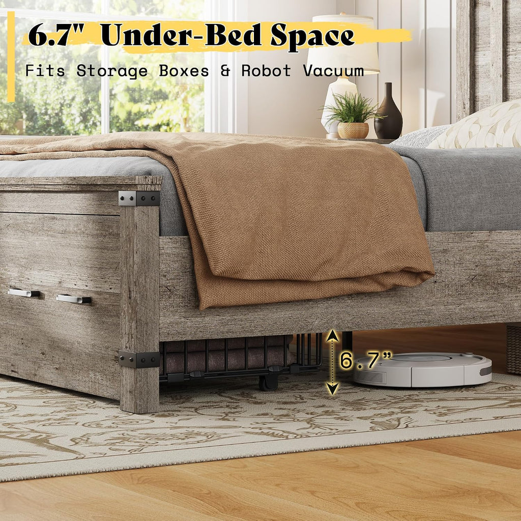 AMERLIFE Farmhouse Queen Bed Frame with 54' Tall Geometric Headboard & Footboard, Rustic Wood Platform Bed Frame with Large Storage Drawers, Wood Slats Support, No Box Spring Needed, Rustic Grey