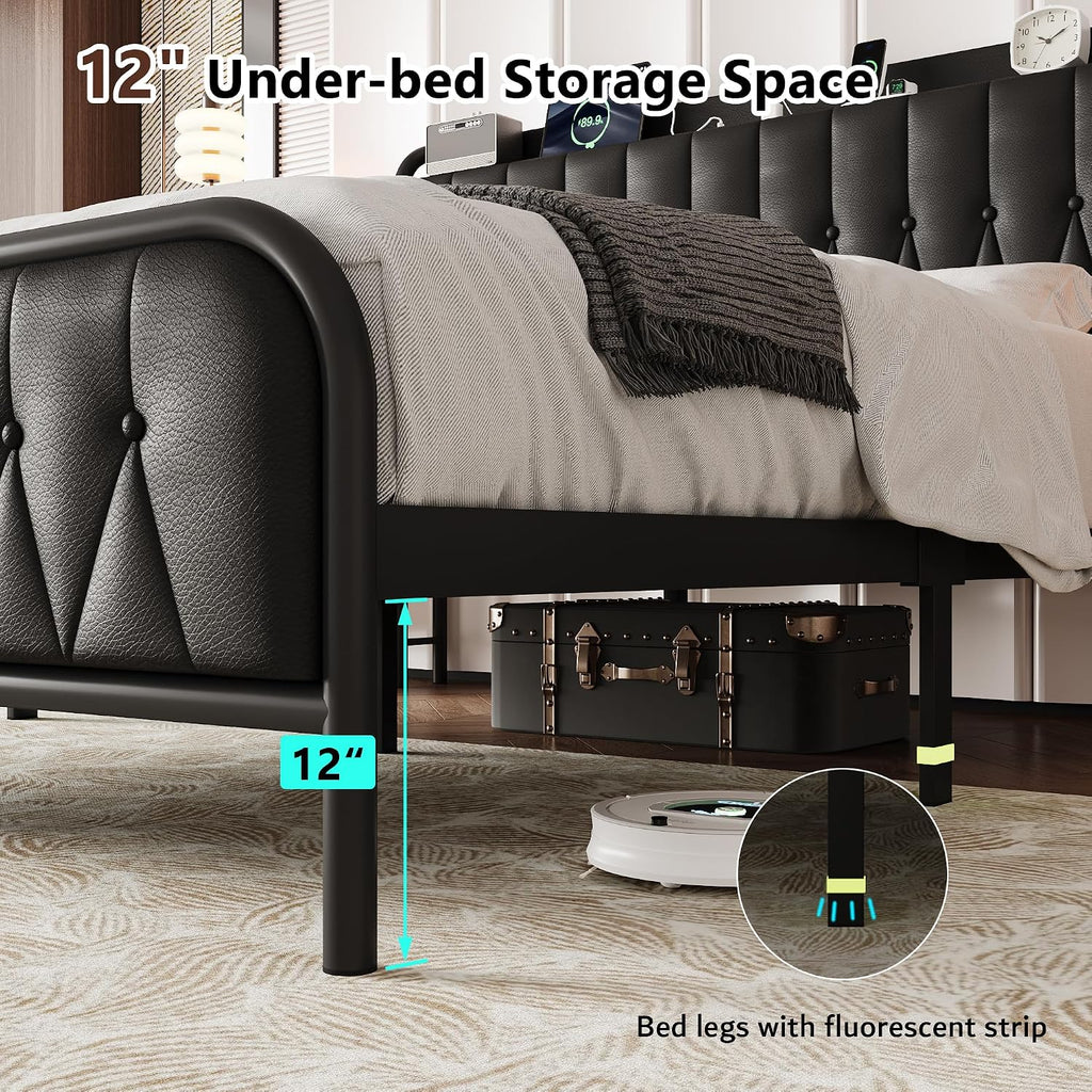 iPormis Full Size Metal Bed Frame with Charging Station, Faux Leather Headboard and Footboard, Heavy Duty Steel Support, 12' Under Bed Storage, No Box Spring Needed, Easy Assembly, Black