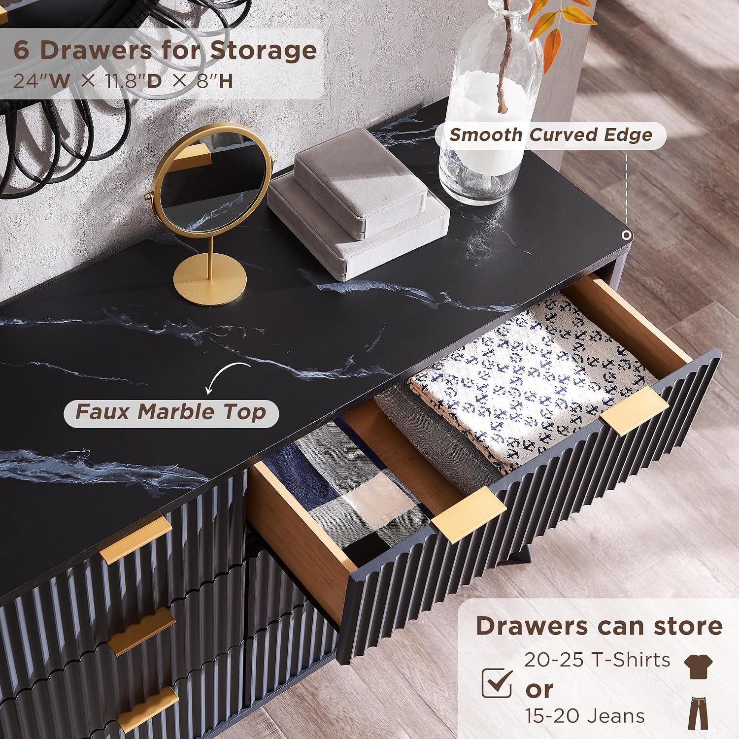 T4TREAM Fluted 6 Drawers Dresser, 54' Wide Modern Chest of Drawers with Faux Marble Top, Curved Profile Design, Dresser TV Stand, Wood Drawer Organizer for Bedroom, Living Room, Hallway, Dark Grey