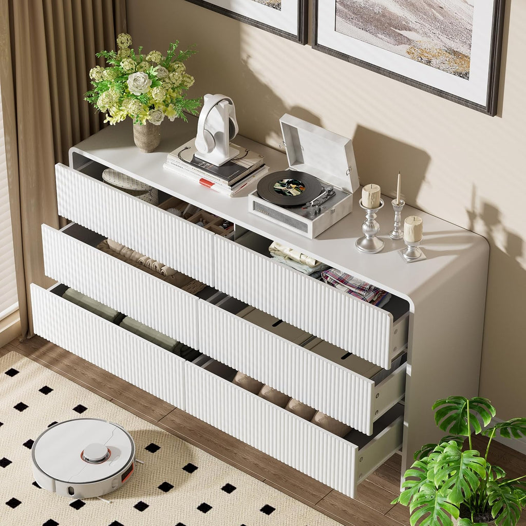 Furniway 55' Wide Modern Dresser for Bedroom, 6 Drawer Chest of Drawers with Curved Design, Push-to-Open Storage Dresser, White