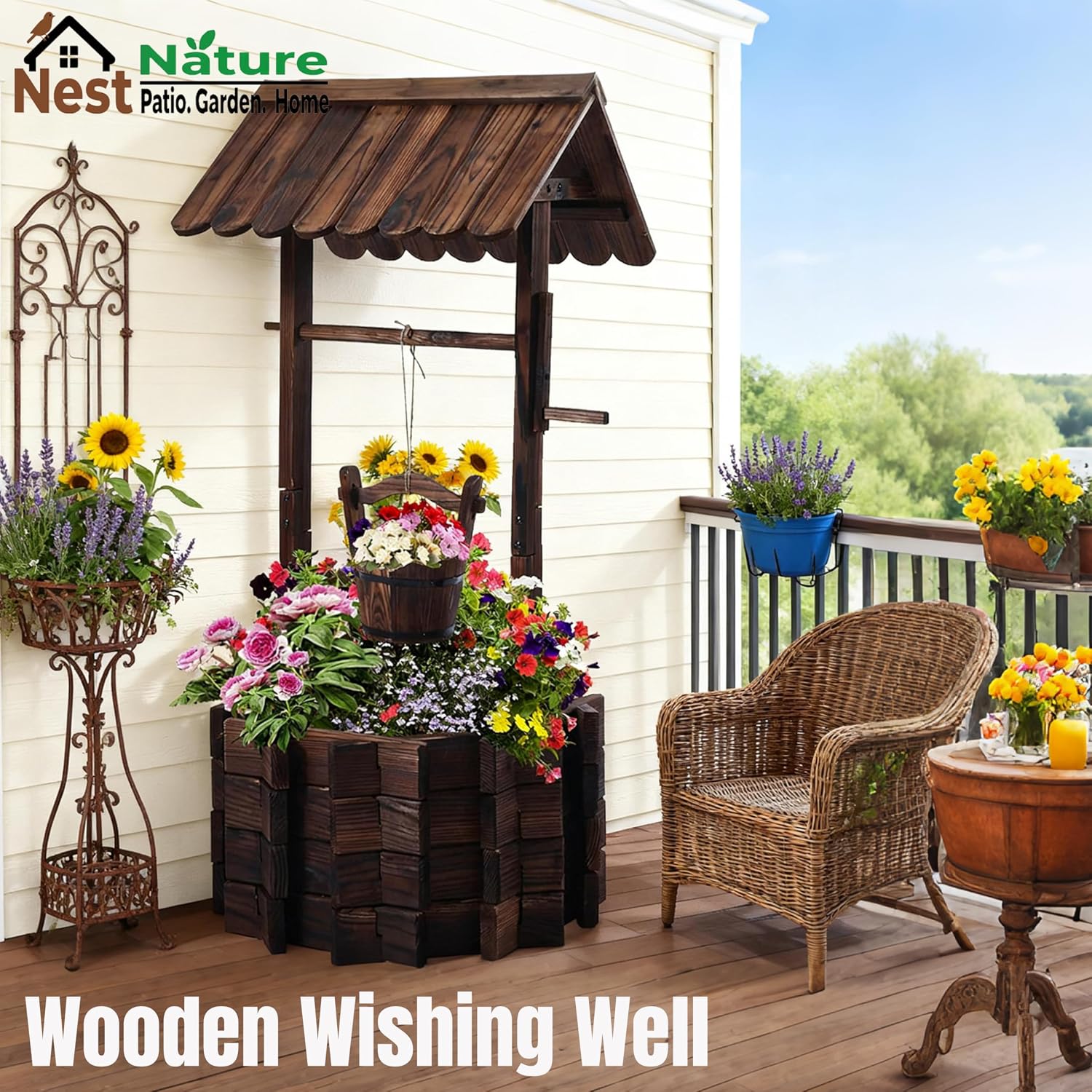 NestNature 21.75' Carbonized Wooden Wishing Well Planter for Outside, Rustic Outdoor Wishing Well with 4 Reinforced Rods & Hanging Bucket, Decorative Well Cover for Yard Garden Patio Lawn Backyard
