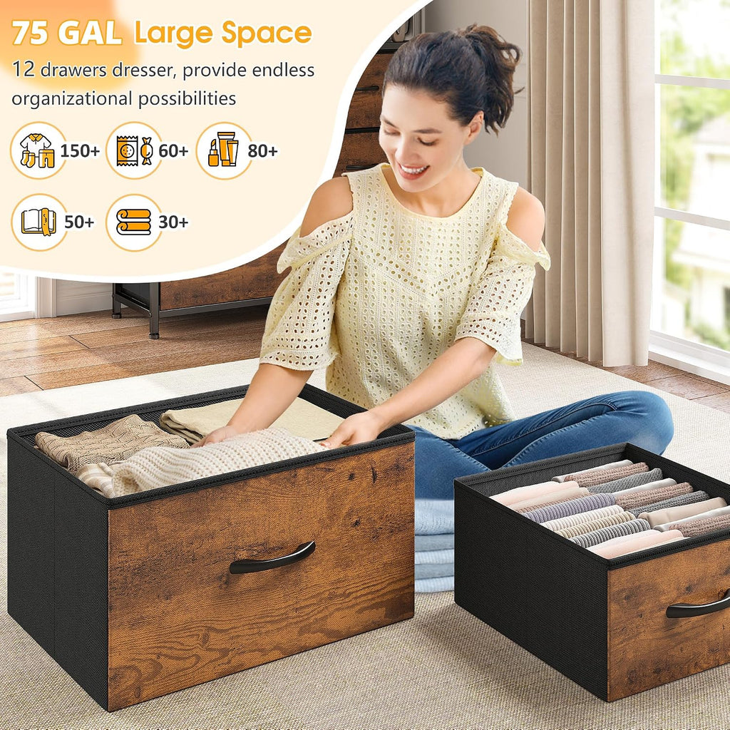Dresser for Bedroom with 12 Drawers & LED Lights,4 Open Storage Shelves, Fabric Dressers & Chests of Drawers for Living Room, Entryway, Dorm, Wood Top,45.2' H x 35.4' W x 11.8' D, Rustic Brown
