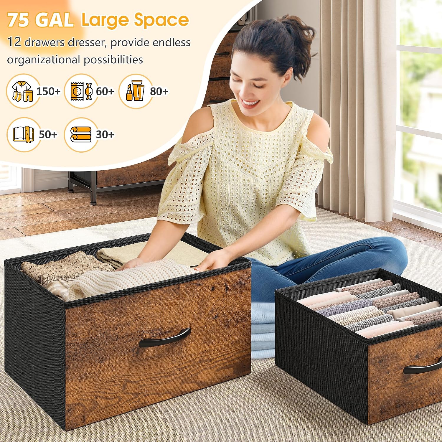 Dresser for Bedroom with 12 Drawers & LED Lights,4 Open Storage Shelves, Fabric Dressers & Chests of Drawers for Living Room, Entryway, Dorm, Wood Top,45.2' H x 35.4' W x 11.8' D, Rustic Brown
