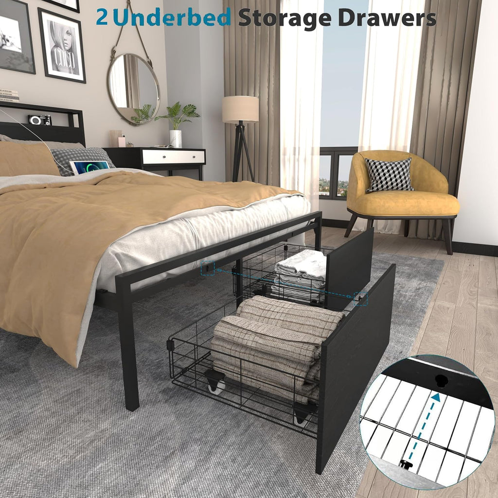 Bellemave Full Size Bed Frame with 2 Storage Drawers and Charging, Full Size Bed Frame with Headboard and Charging Station and with Led Lightstation, No Box Spring Needed, (Full, Black)