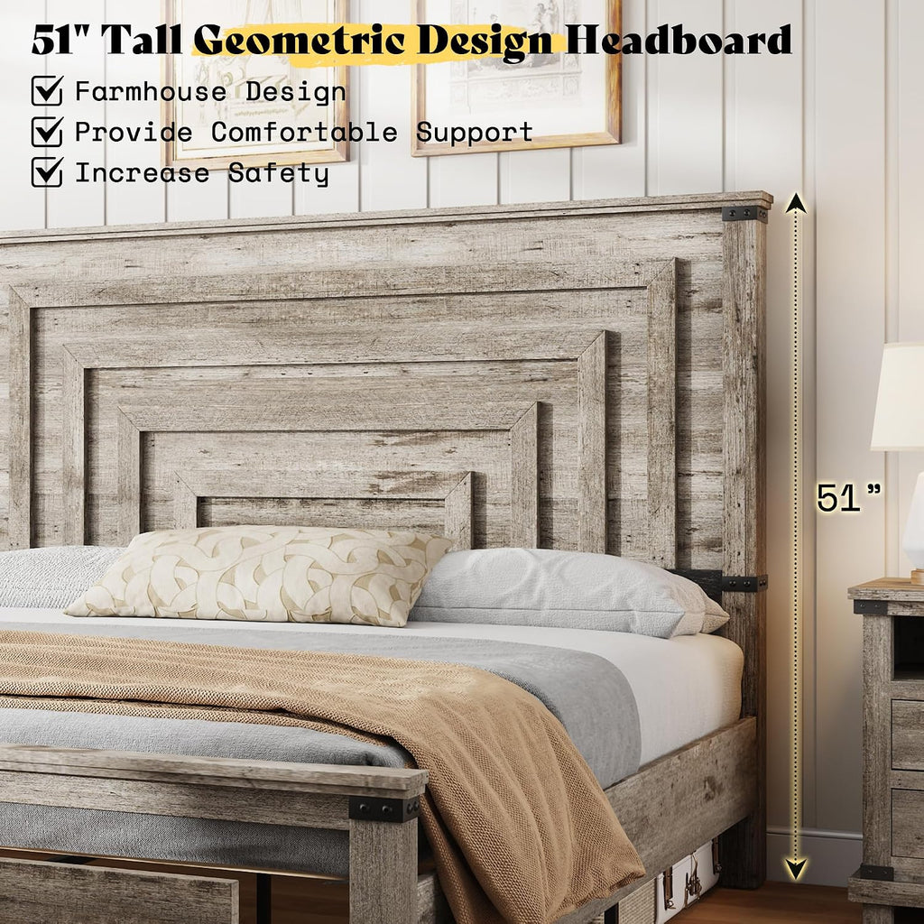AMERLIFE King Bed Frame with 51' Tall Headboard, 3 Large Storage Drawers, Wood Platform Bed, No Box Spring Needed, Silent Frame, Easy Assembly, Farmhouse, Rustic Grey