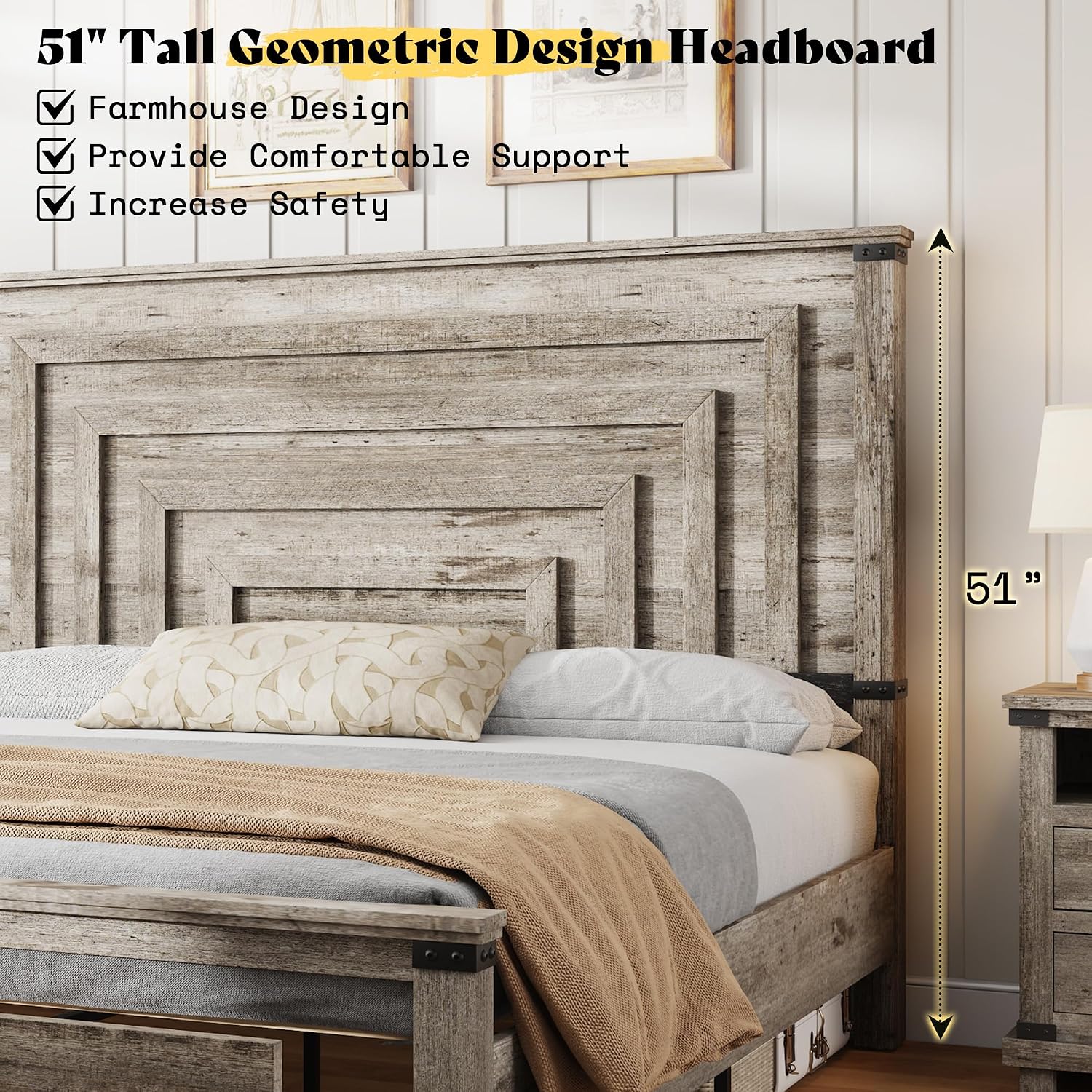 AMERLIFE King Bed Frame with 51' Tall Headboard, 3 Large Storage Drawers, Wood Platform Bed, No Box Spring Needed, Silent Frame, Easy Assembly, Farmhouse, Rustic Grey