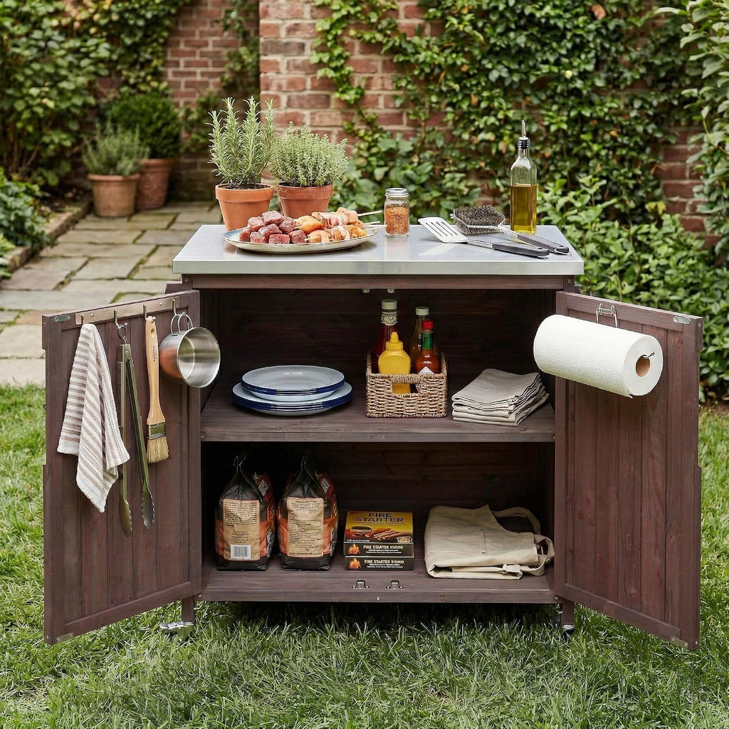 42.1' Outdoor Kitchen Island with Side Shelf,Patio Grill Cart with Storage,Stainless Steel Top, Adjustable Shelf and 4 Wheels,for Pizza Prep (Dark Brown-P)