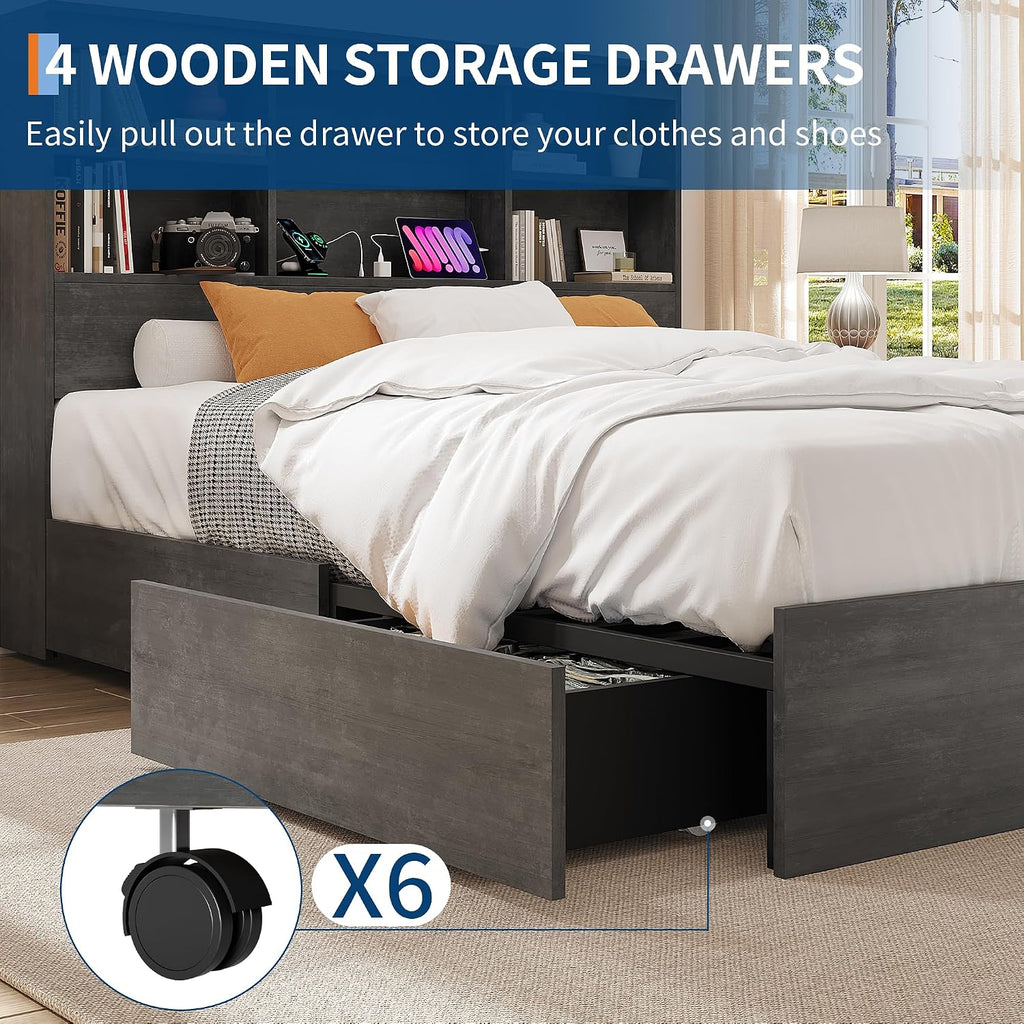 GarveeHome Full Size Bed Frame with High Storage Bookcase Headboard, Wood Bed Frame with 4 Storage Drawers, Built in Charging Station, No Box Spring Needed, Metal Frame, Noise-Free, Ink