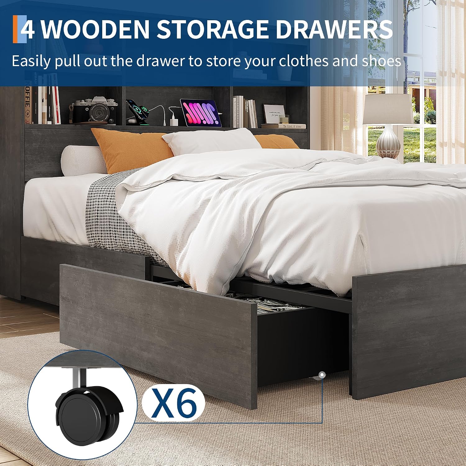 GarveeHome Full Size Bed Frame with High Storage Bookcase Headboard, Wood Bed Frame with 4 Storage Drawers, Built in Charging Station, No Box Spring Needed, Metal Frame, Noise-Free, Ink