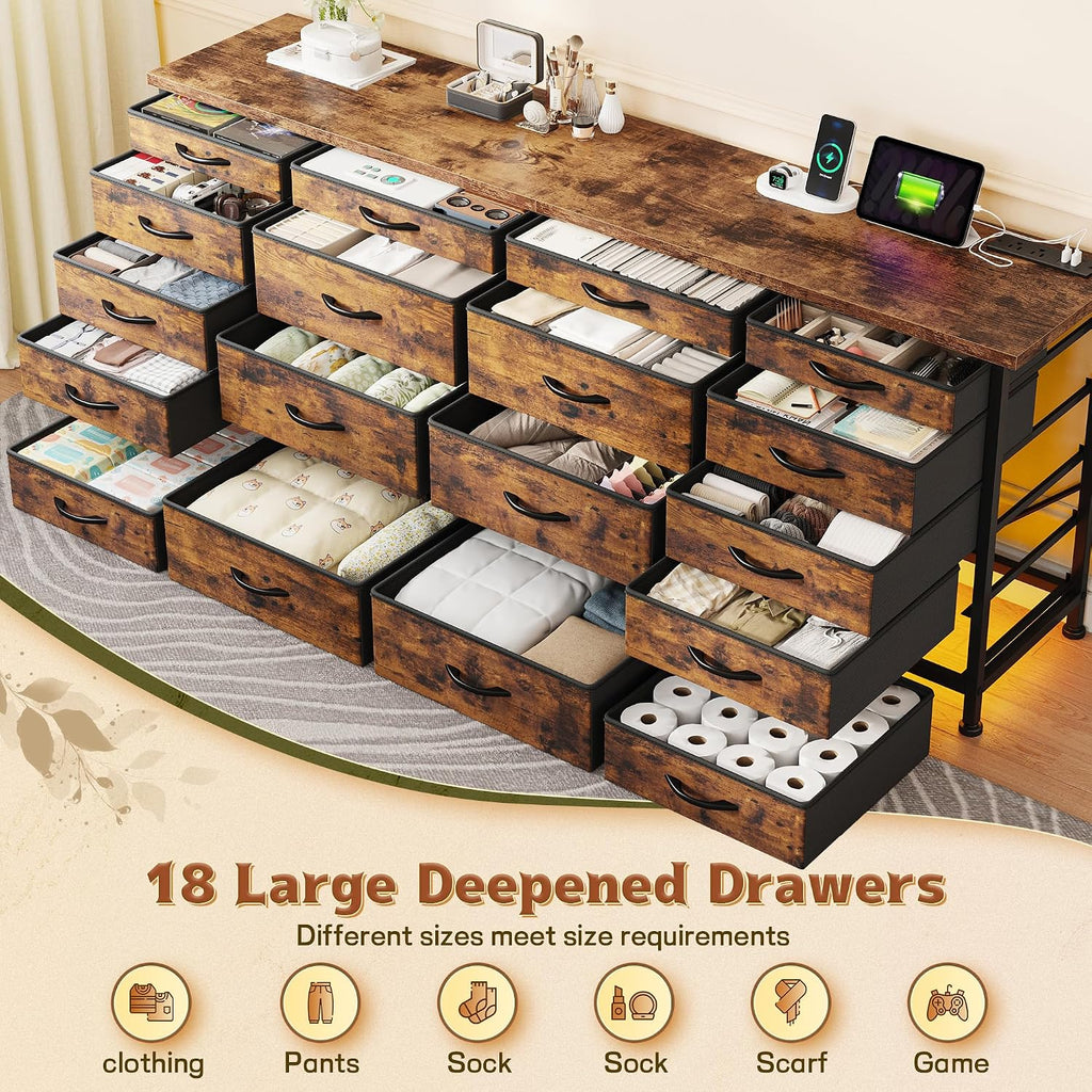 63'W TV Stand for Bedroom with LED Light & Power Outlets, Long Dresser with 18 Deep Drawers for 65 70 75 inch TV, Fabric Dresser TV Stands for Living Room Entryway Hallway Closet, Rustic Brown